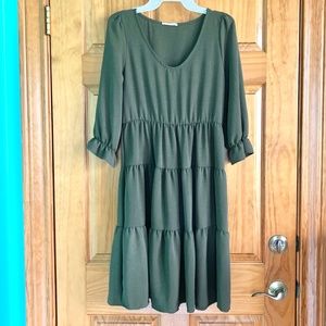 Women’s size small like new REB in J olive green tiered dress with elbow sleeves